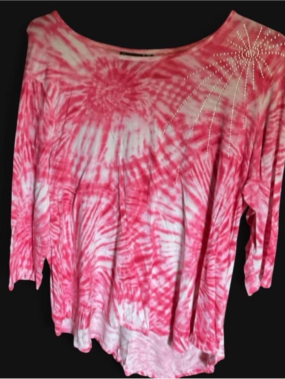 Onque Casuals Pink Tie-Dye Long Sleeve Tunic with Rhinestone Burst